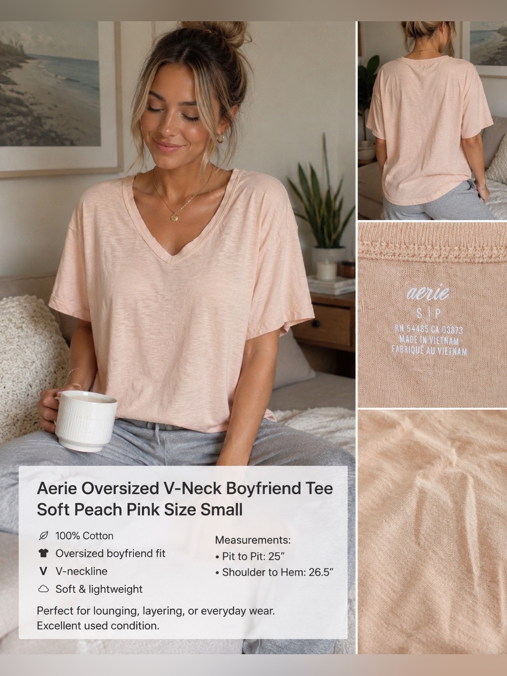 Aerie Oversized V-Neck Boyfriend Tee Soft Peach Pink Size Small